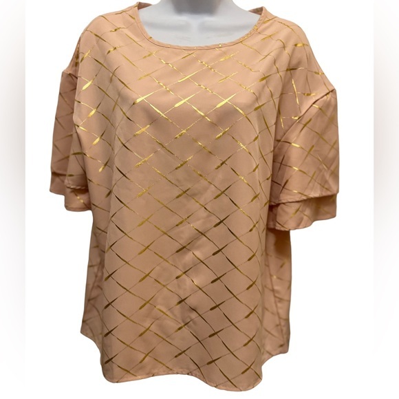 Peach and Gold Plaid Print Flare Sleeve Blouse - Picture 1 of 10